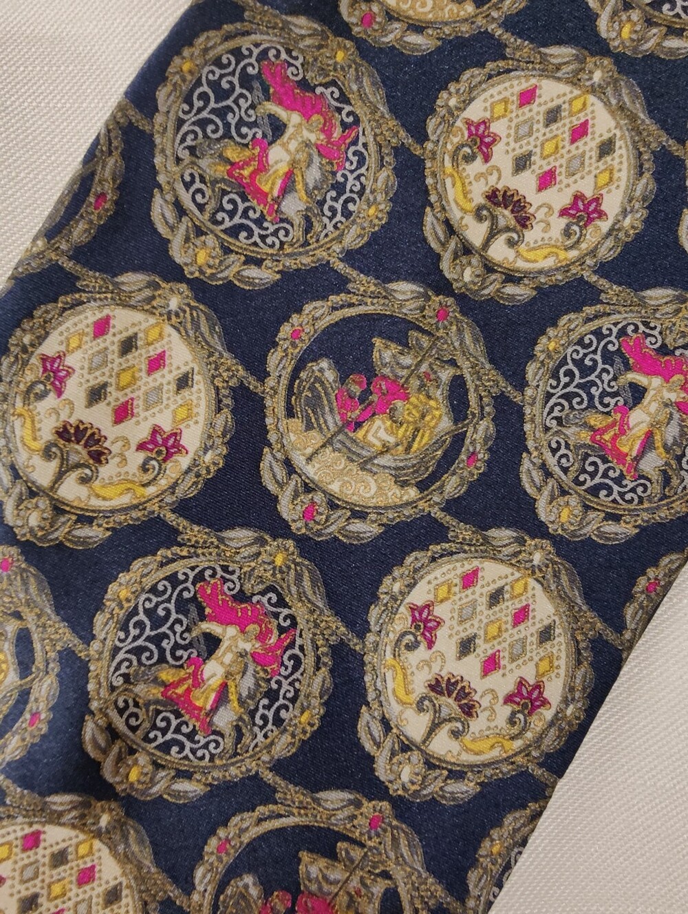 Brioni Navy Silk Tie with Renaissance Inspied Gold Medallions and Figures - Picture 2 of 10